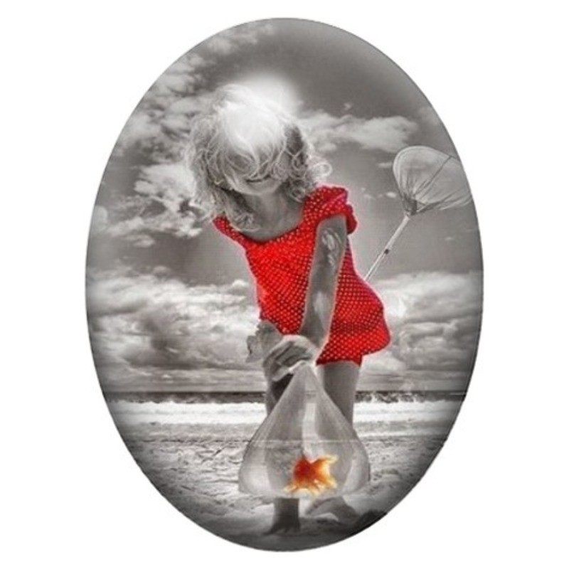 Cabochon en Verre Illustré Petite Fille au Bord de la Mer 13x18, 18x25 ou 30x40mm