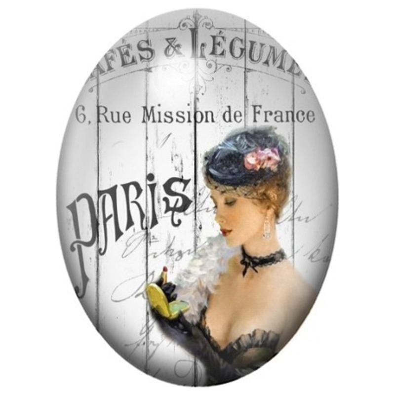 Cabochon en Verre Illustré Parisienne Vintage au Chapeau 13x18, 18x25 ou 30x40mm
