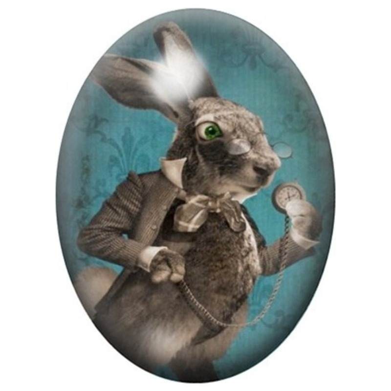 Cabochon en Verre Illustré Lapin Blanc en Costume 13x18, 18x25 ou 30x40mm