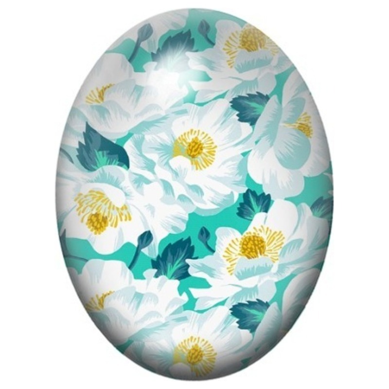 Cabochon en Verre Illustré Fleurs Blanches et Turquoise 13x18, 18x25 ou 30x40mm