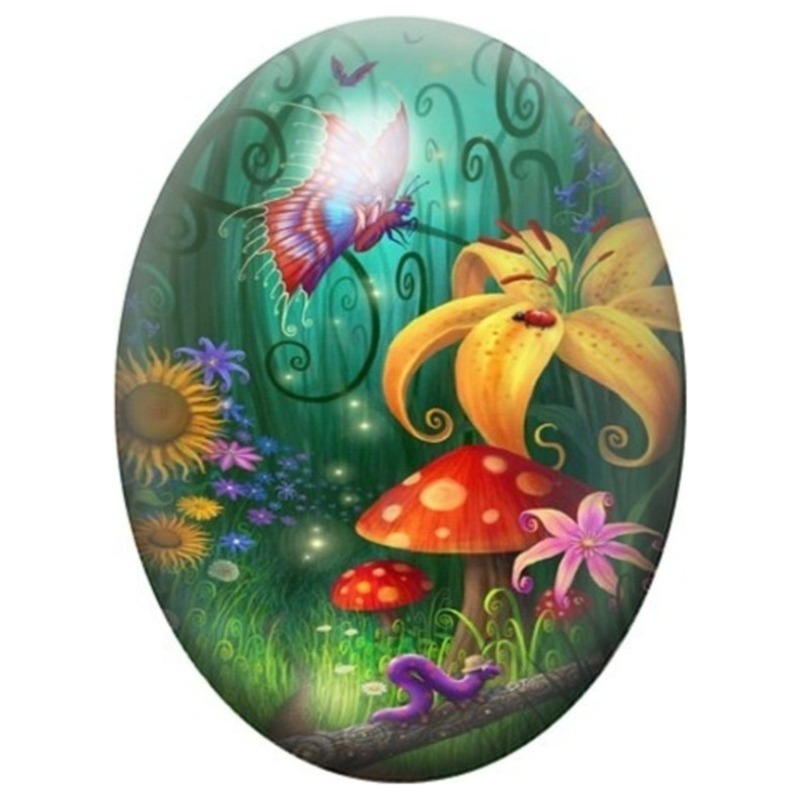 Cabochon en Verre Illustré Jardin Exotique aux Champignons 13x18, 18x25 ou 30x40mm