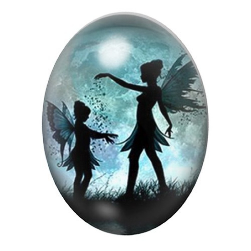 Cabochon en Verre Illustré Fées sous la Pleine Lune 13x18, 18x25 ou 30x40mm