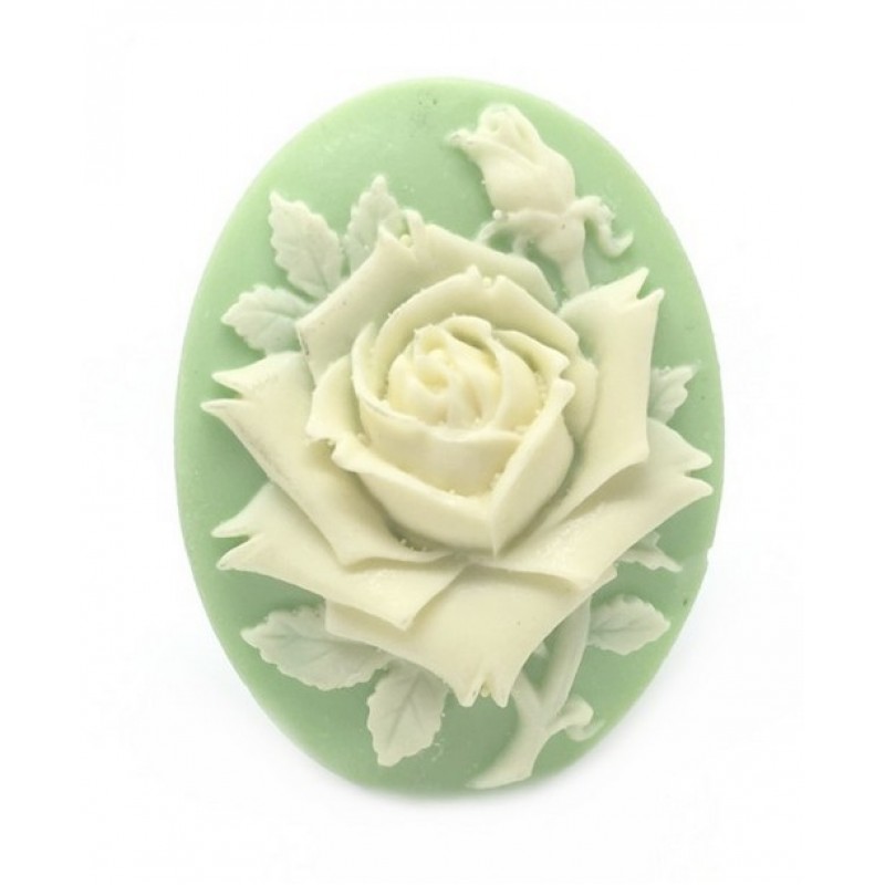 Camée Rose Bleue et Feuillage Vert 30x40mm