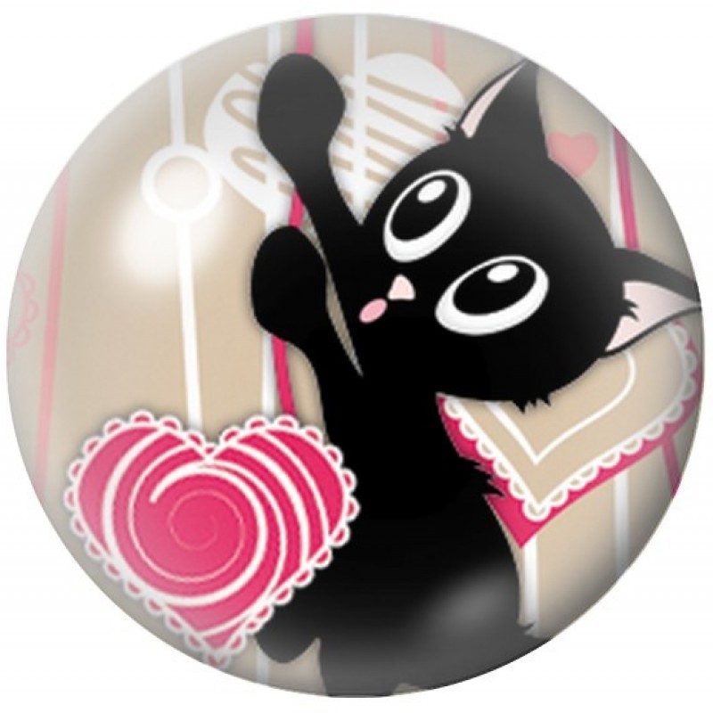 Cabochon en Verre Illustré Chat Noir au Cœur Rose 12 à 25mm