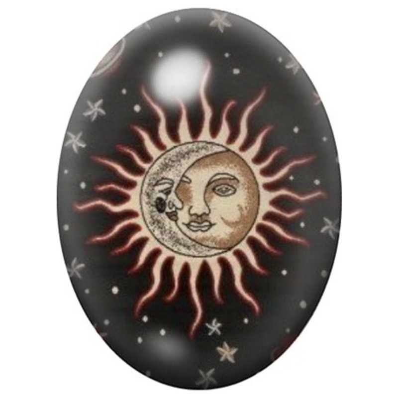Cabochon en Verre Illustré Soleil et Lune sur Fond Noir 13x18, 18x25 ou 30x40mm