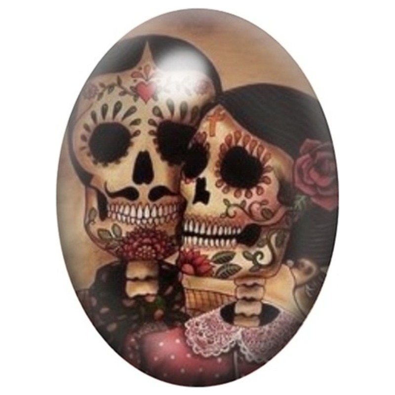 Cabochon en Verre Illustré Couple de Calaveras aux Fleurs 13x18, 18x25 ou 30x40mm