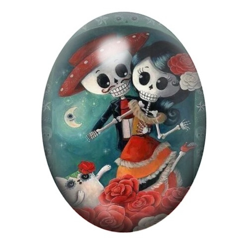 Cabochon en Verre Illustré Calavera au Flamant Rose 13x18, 18x25 ou 30x40mm