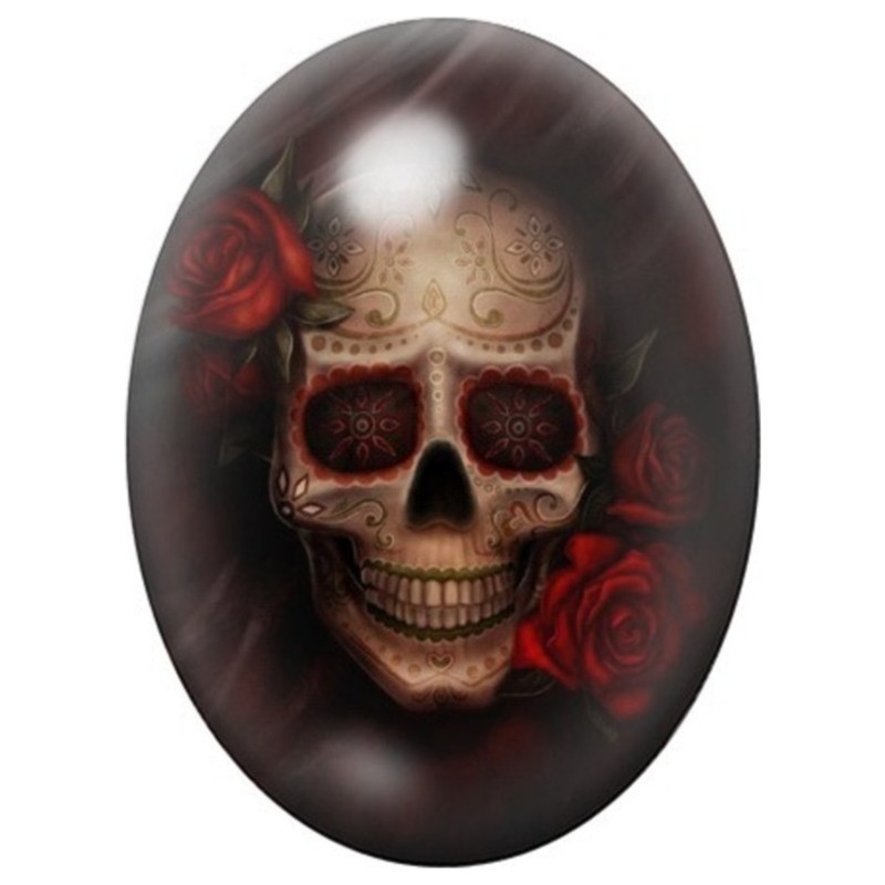Cabochon en Verre Illustré Crâne aux Roses Rouges 13x18, 18x25 ou 30x40mm