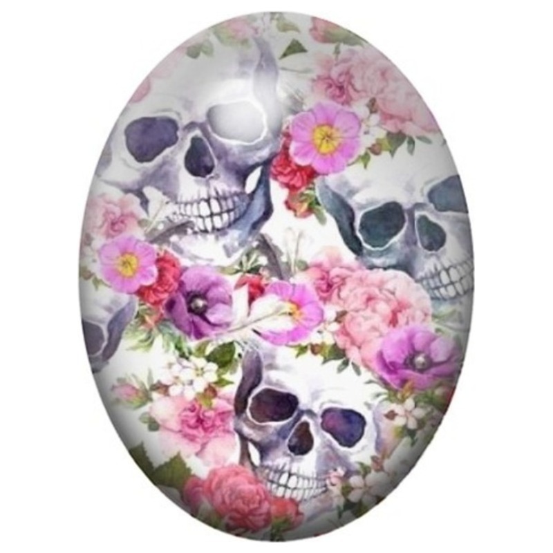 Cabochon en Verre Illustré Trio de Crânes aux Fleurs Pastel 13x18, 18x25 ou 30x40mm