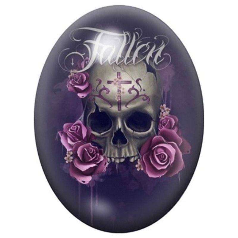 Cabochon en Verre Illustré Crâne aux Roses Violettes 13x18, 18x25 ou 30x40mm