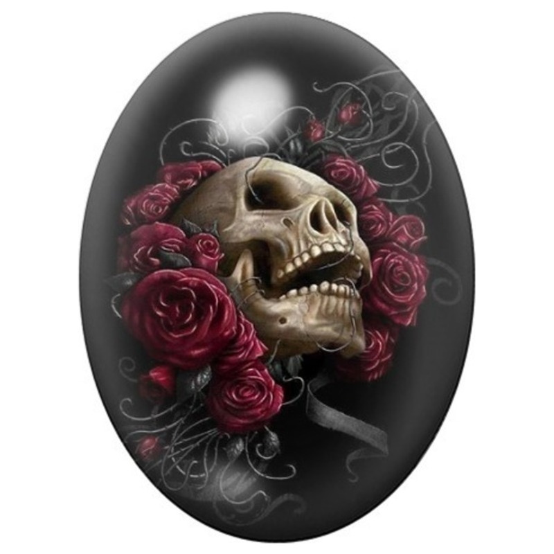 Cabochon en Verre Illustré Crâne aux Roses Bordeaux 13x18, 18x25 ou 30x40mm
