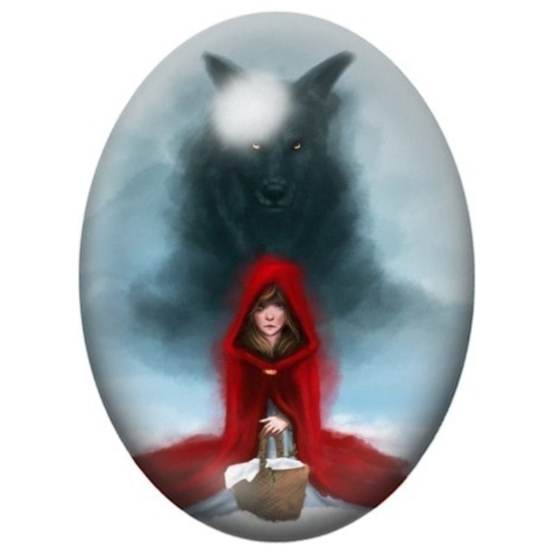 Cabochon en Verre Illustré Chaperon Rouge et Ombre du Loup 13x18, 18x25 ou 30x40mm