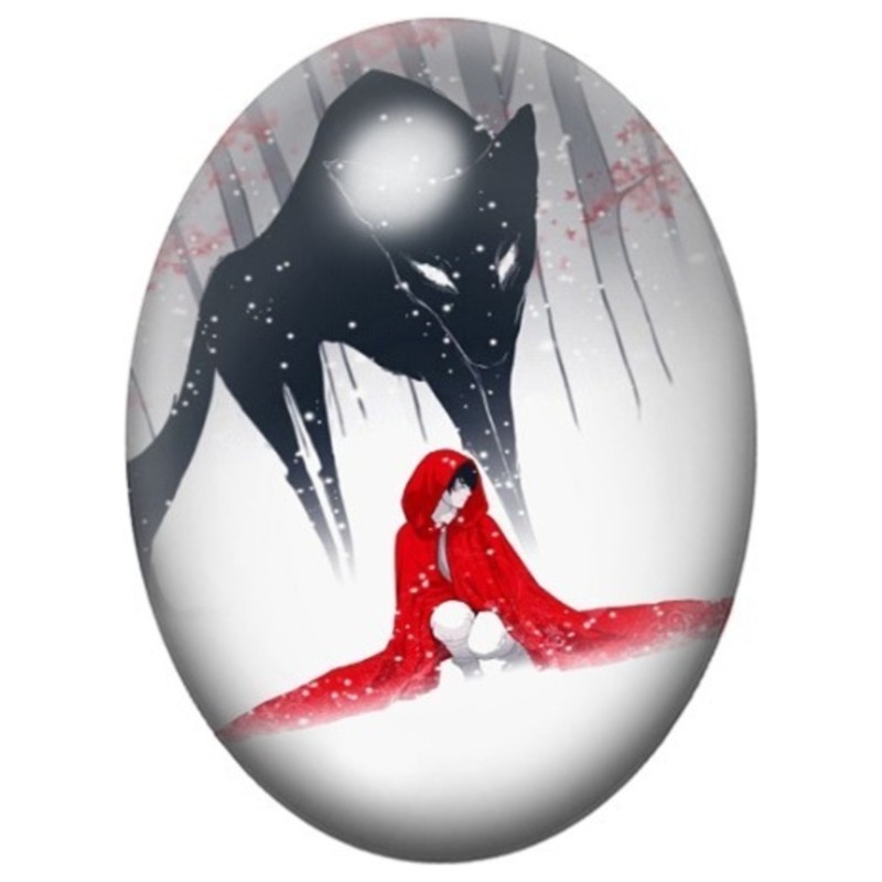 Cabochon en Verre Illustré Chaperon Rouge sous le Loup Noir 13x18, 18x25 ou 30x40mm