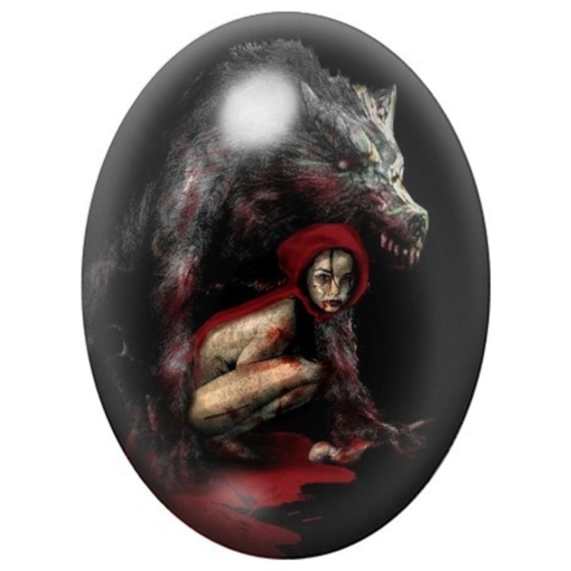 Cabochon en Verre Illustré Chaperon Rouge au Pied du Loup 13x18, 18x25 ou 30x40mm