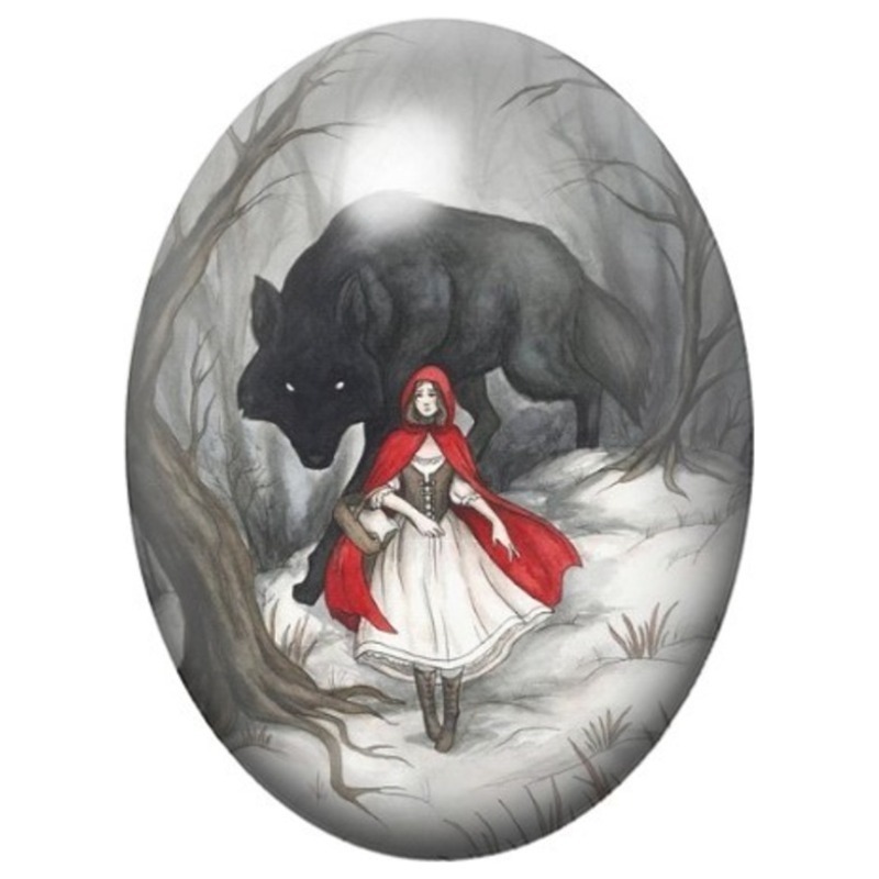 Cabochon en Verre Illustré Loup Gris et Chaperon Rouge 13x18, 18x25 ou 30x40mm