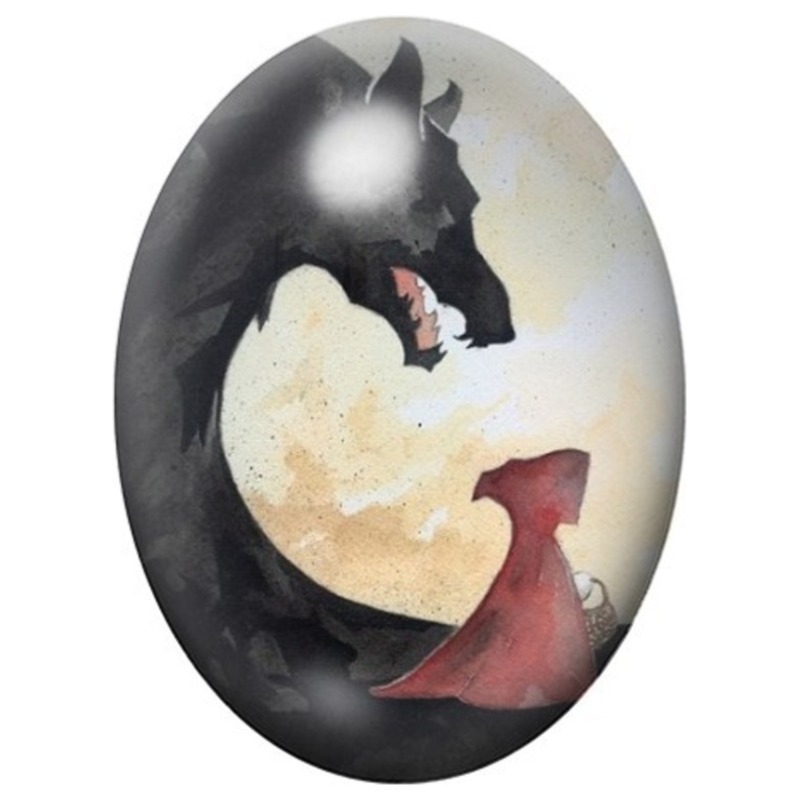 Cabochon en Verre Illustré Loup Noir et Lune Rousse 13x18, 18x25 ou 30x40mm