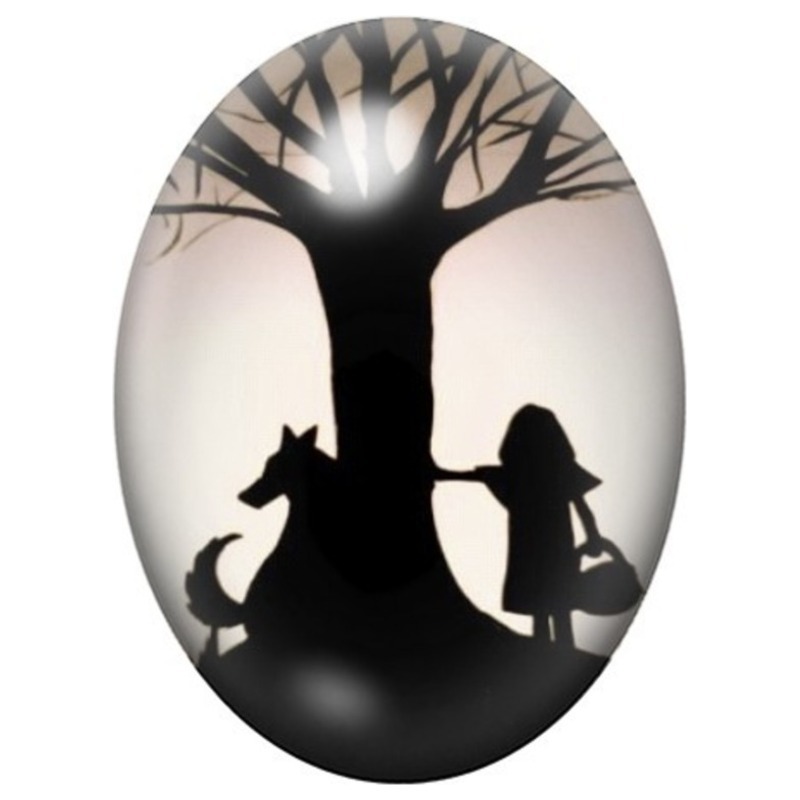 Cabochon en Verre Illustré Chaperon Rouge sous l’Arbre 13x18, 18x25 ou 30x40mm
