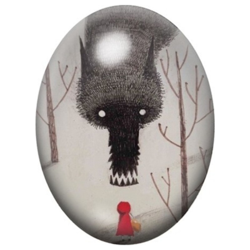 Cabochon en Verre Illustré Loup Noir et Chaperon Rouge 13x18, 18x25 ou 30x40mm