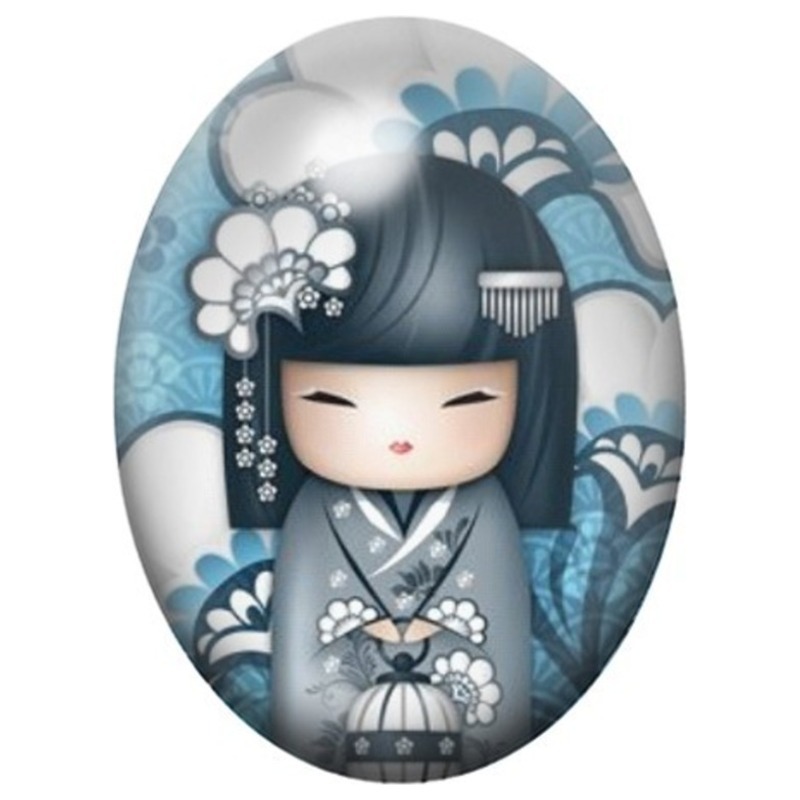 Cabochon en Verre Illustré Kokeshi Bleue aux Vagues 13x18, 18x25 ou 30x40mm