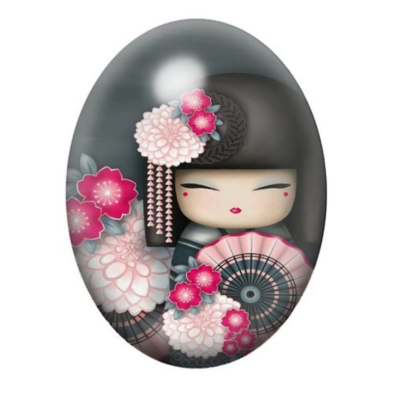 Cabochon en Verre Illustré Kokeshi Rose à l’Éventail 13x18, 18x25 ou 30x40mm