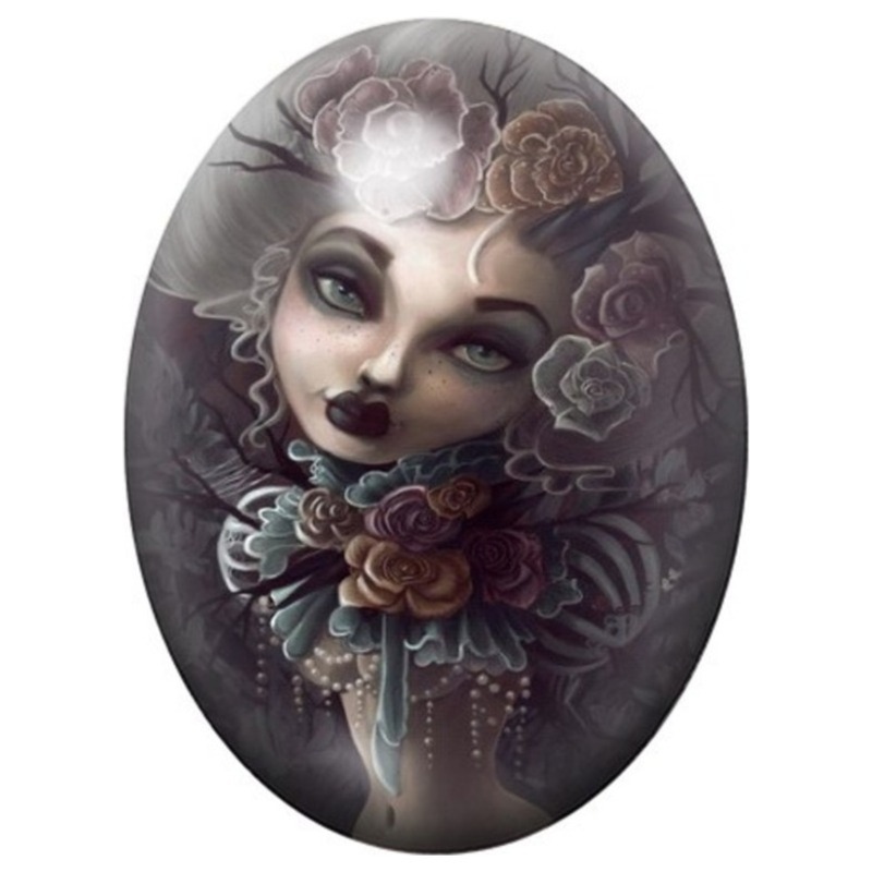 Cabochon en Verre Illustré Marquise Gothique aux Roses 13x18, 18x25 ou 30x40mm
