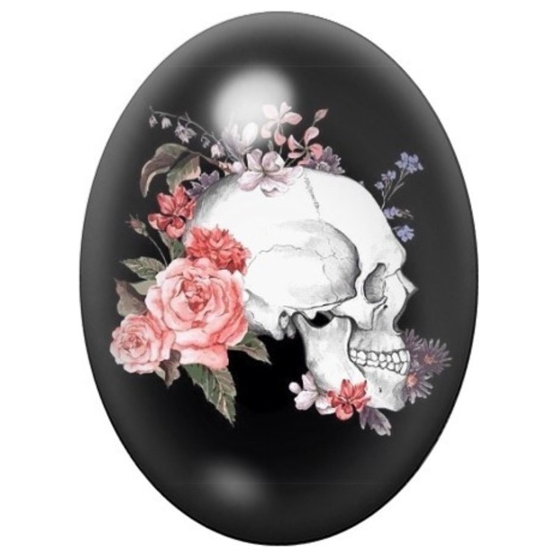 Cabochon en Verre Illustré Crâne Blanc aux Roses Roses 13x18, 18x25 ou 30x40mm