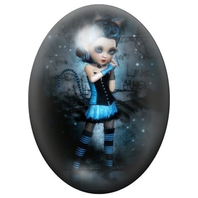 Cabochon en Verre Illustré Petite Fille Gothique en Bleu 13x18, 18x25 ou 30x40mm
