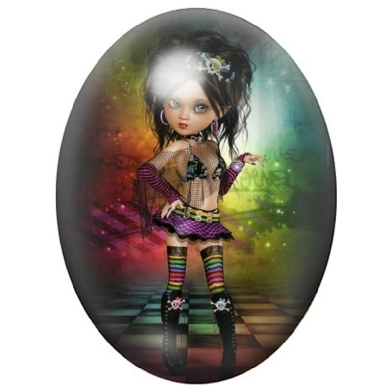Cabochon en Verre Illustré Fille Punk aux Cheveux Violets 13x18, 18x25 ou 30x40mm