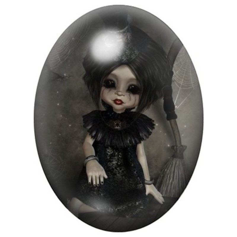 Cabochon en Verre Illustré Petite Fille Gothique au Chat 13x18, 18x25 ou 30x40mm