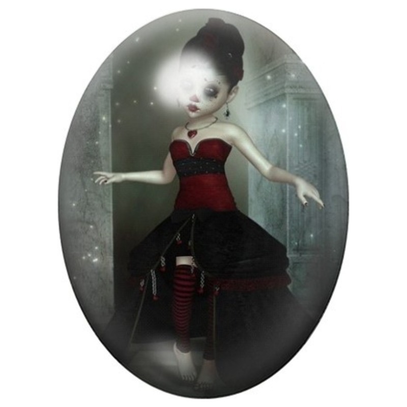 Cabochon en Verre Illustré Fille Gothique à la Rose Rouge 13x18, 18x25 ou 30x40mm