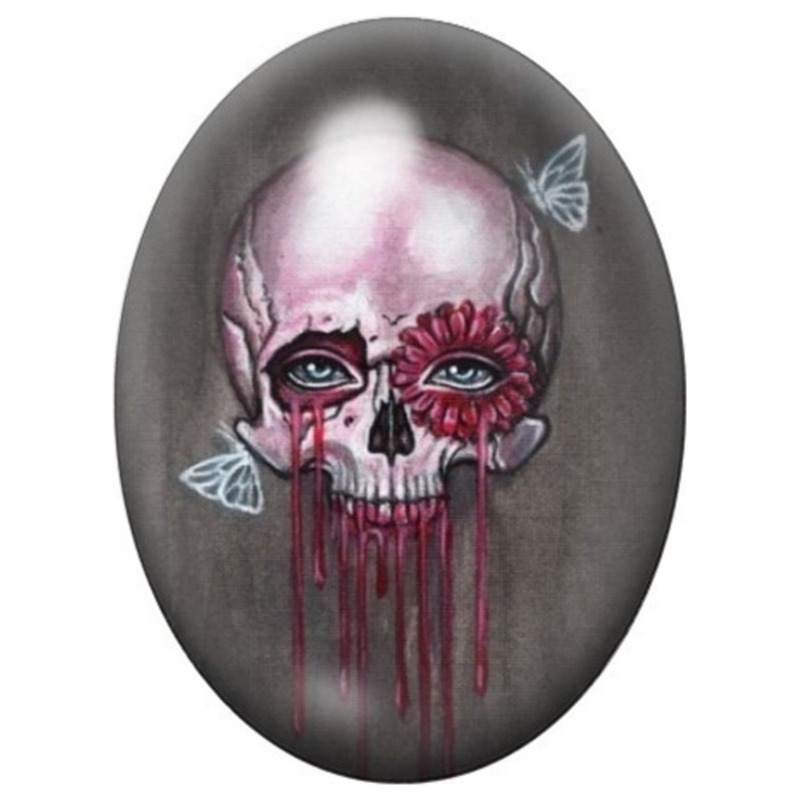 Cabochon en Verre Illustré Calavera Rose aux Coulures 13x18, 18x25 ou 30x40mm