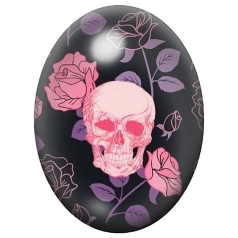 Cabochon en Verre Illustré Crâne Rose aux Fleurs Mauves 13x18, 18x25 ou 30x40mm