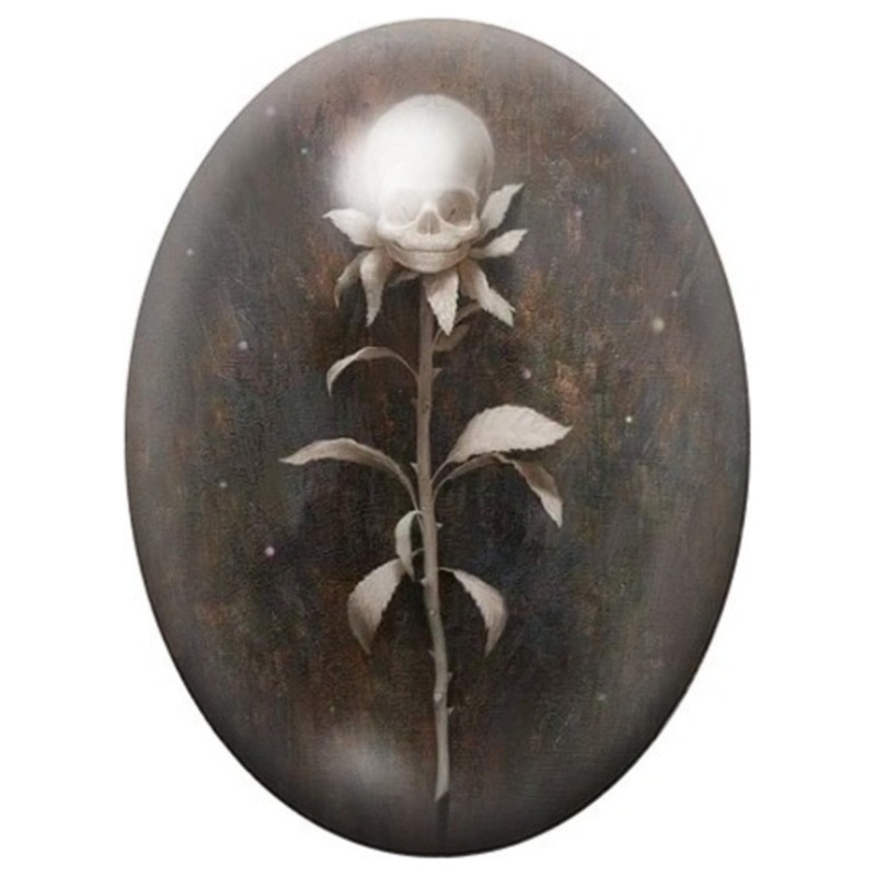 Cabochon en Verre Illustré Crâne-Fleur sur Tige Noire 13x18, 18x25 ou 30x40mm
