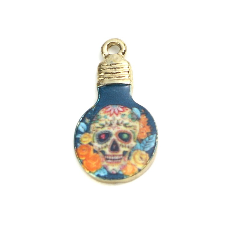 2 Breloques Crâne Jour des Morts Ampoule Doré en Émail Halloween 22x12mm