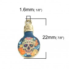 2 Breloques Crâne Jour des Morts Ampoule Doré en Émail Halloween 22x12mm
