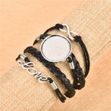 Support Bracelet Ajustable Argenté en Cuir Noir pour Cabochon 25mm