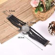 Support Bracelet Ajustable Argenté en Cuir Noir pour Cabochon 25mm