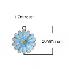 2 Breloques Fleur Émail Bleu Métal Doré 28x23mm