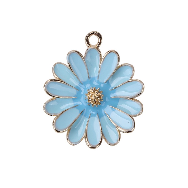 2 Breloques Fleur Émail Bleu Métal Doré 28x23mm