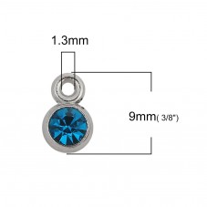 10 Breloques Argentées avec Strass Bleu, Rouge ou Vert 9x6mm