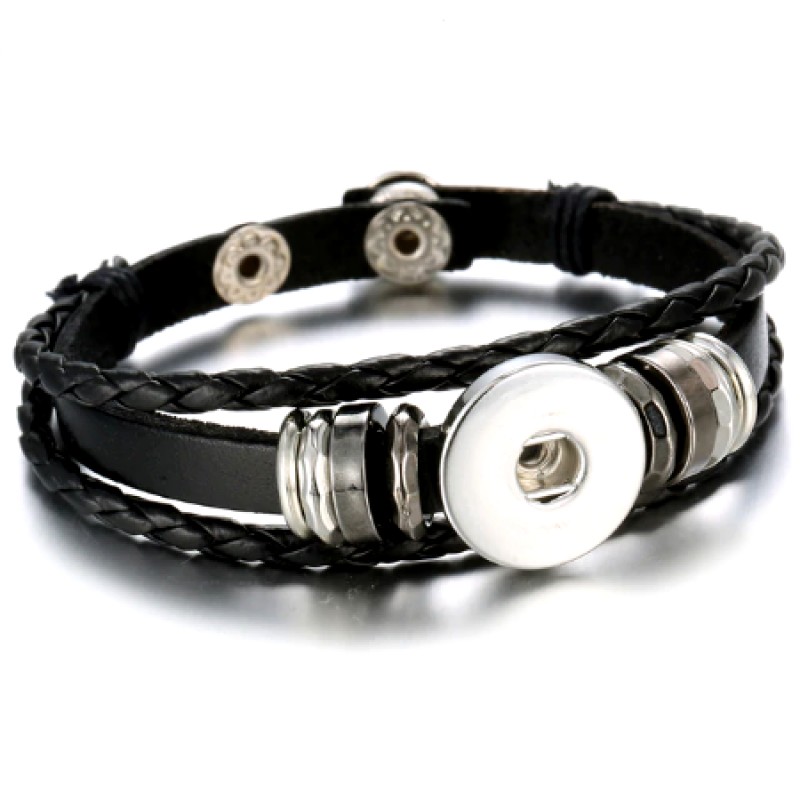 Support Bracelet Ajustable en Cuir Noir pour Bouton Pression Snap 18mm