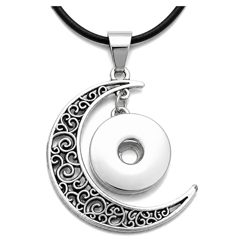 Collier Noir 43cm avec Support Pendentif Lune Argenté pour Bouton Pression Snap 18mm