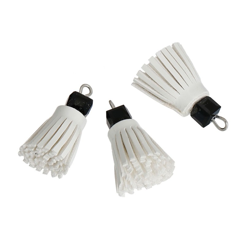 2 Breloques Pompons en Suédine Blanc avec Perle Noire 24mm