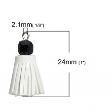 2 Breloques Pompons en Suédine Blanc avec Perle Noire 24mm