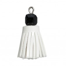 2 Breloques Pompons en Suédine Blanc avec Perle Noire 24mm