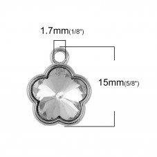 4 Breloques Fleur en Métal Argenté Strass en Verre 15x12mm
