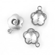 4 Breloques Fleur en Métal Argenté Strass en Verre 15x12mm