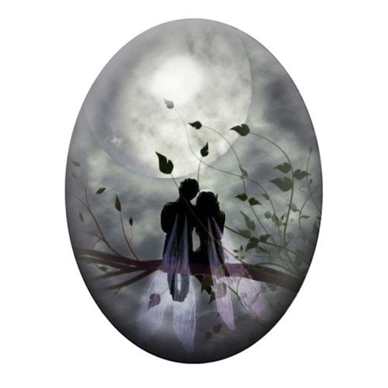 Cabochon en Verre Illustré Fée Lune Amour 13x18, 18x25 ou 30x40mm