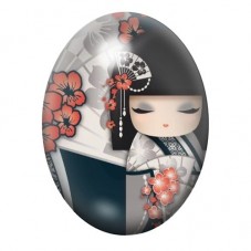 Cabochon en Verre Illustré Kokeshi Blanche aux Fleurs Rouges 13x18, 18x25 ou 30x40mm pour la création de bijoux fantaisie - DIY