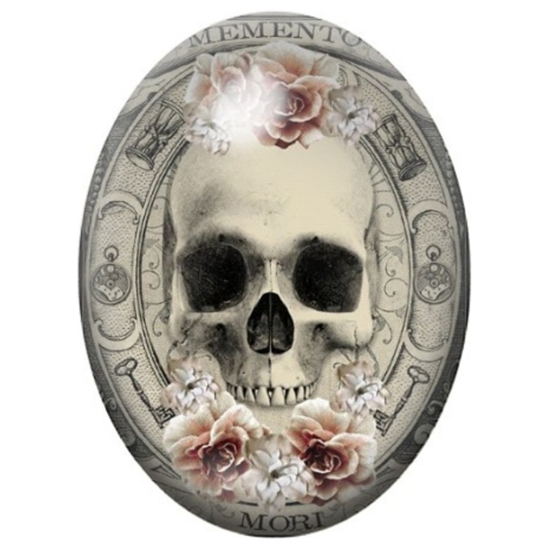 Cabochon en Verre Illustré Crâne Vintage aux Roses Pâles 13x18, 18x25 ou 30x40mm